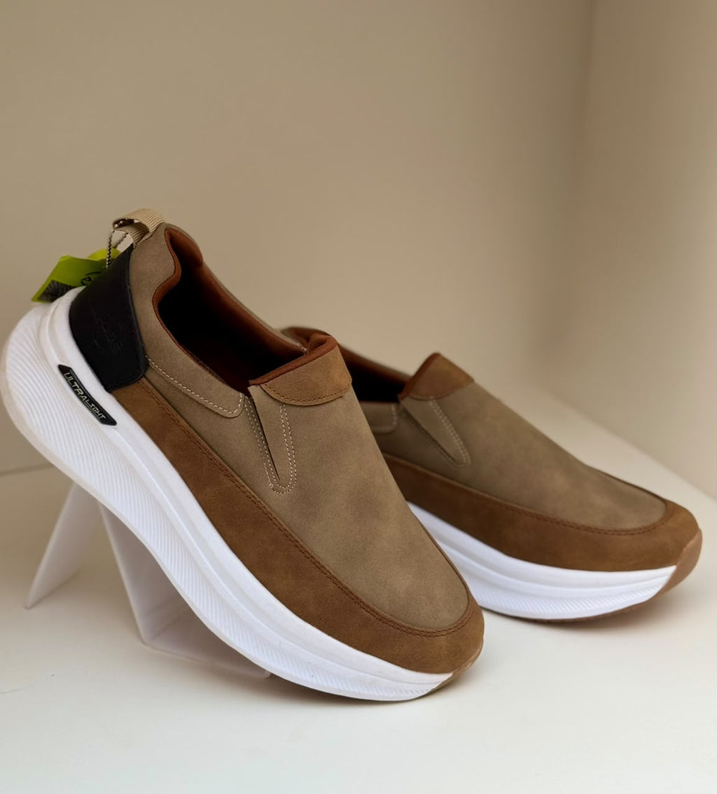 Men’s Light Brown Leather-Style Slip-On Shoes