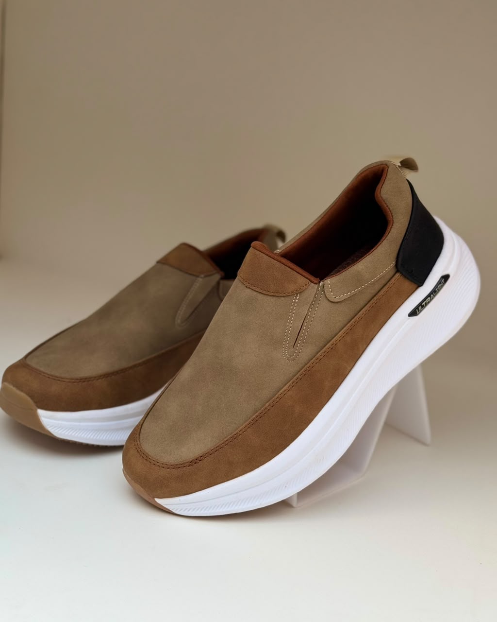 Men’s Light Brown Leather-Style Slip-On Shoes