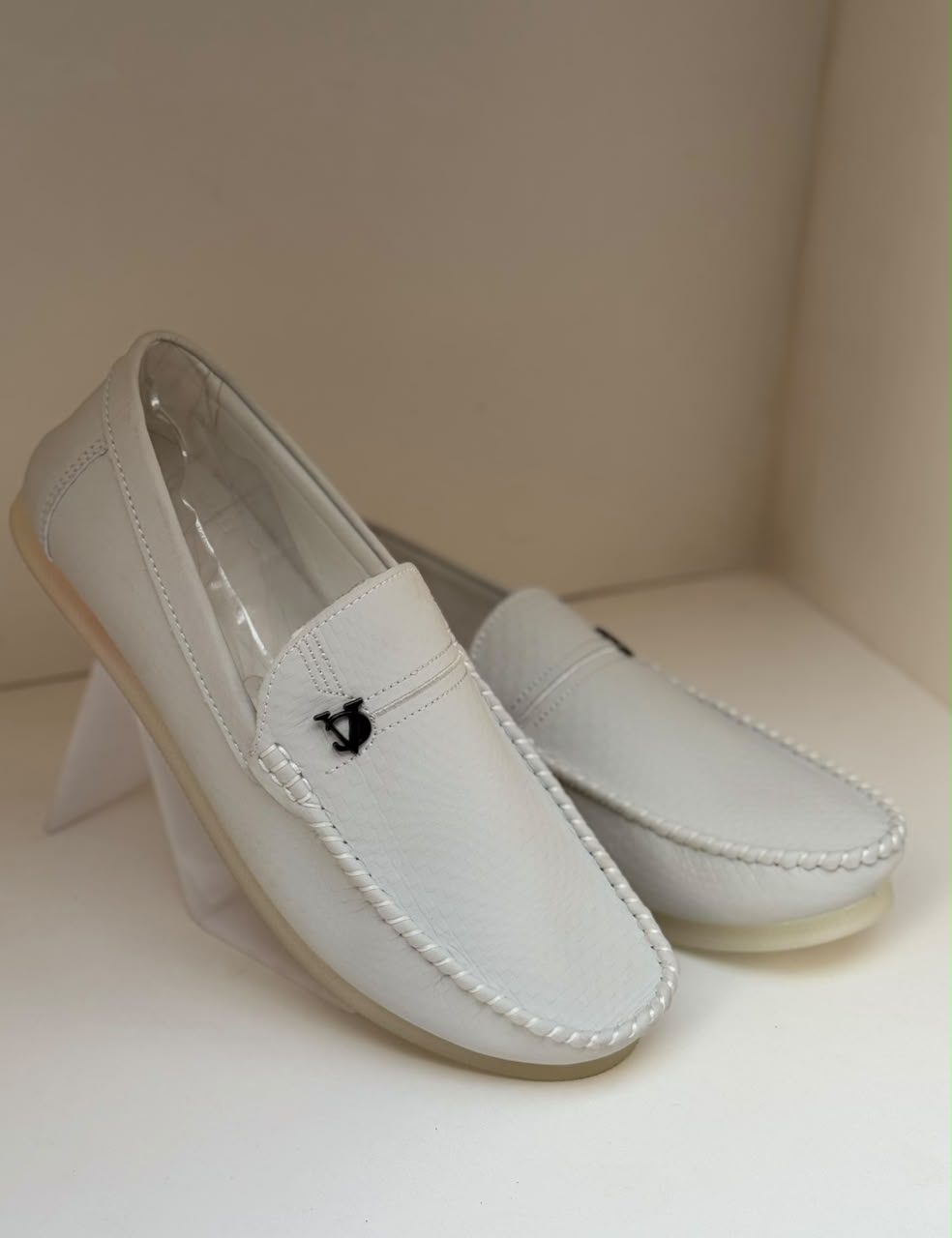 Midnight Crest White Leather Loafers
