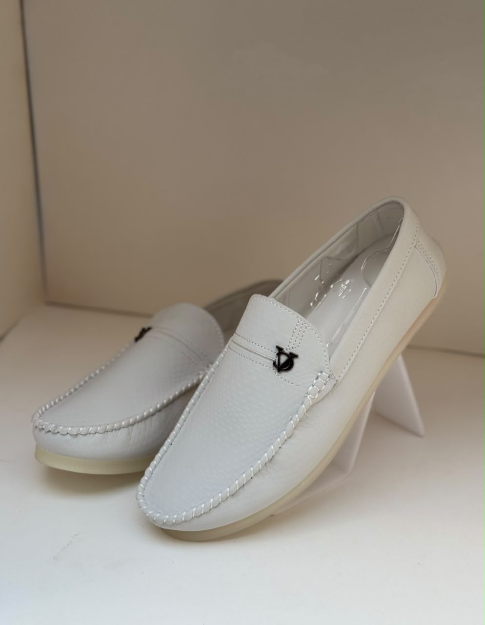 Midnight Crest White Leather Loafers