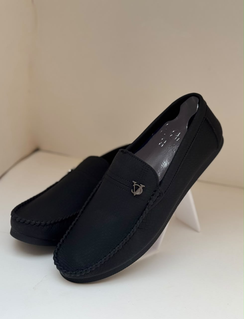 Midnight Crest Black Leather Loafers