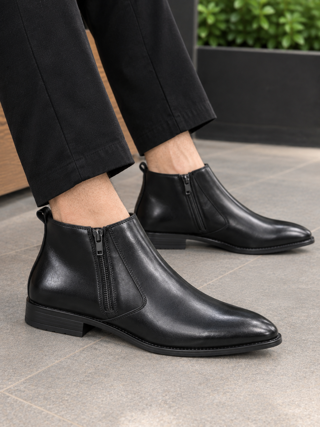 Men's Zipper Black Leather Chelsea Boots