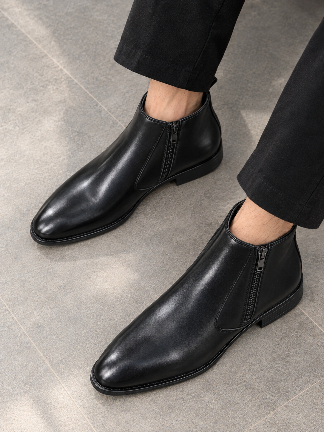 Men's Zipper Black Leather Chelsea Boots