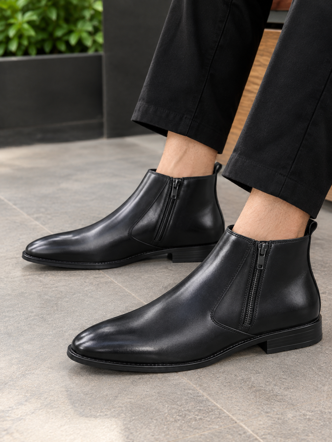 Men's Zipper Black Leather Chelsea Boots